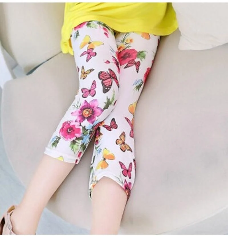 Girls Leggings Summer Children Skinny Pants Elastic Silk Breathable Causal Pencil Pants Flower Print Kids Leggings Girl Capris