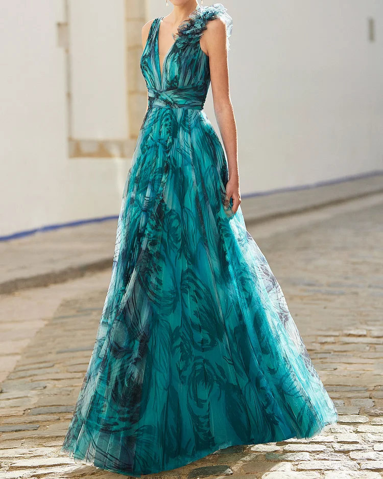 Layered chiffon silk print maxi dress Gown