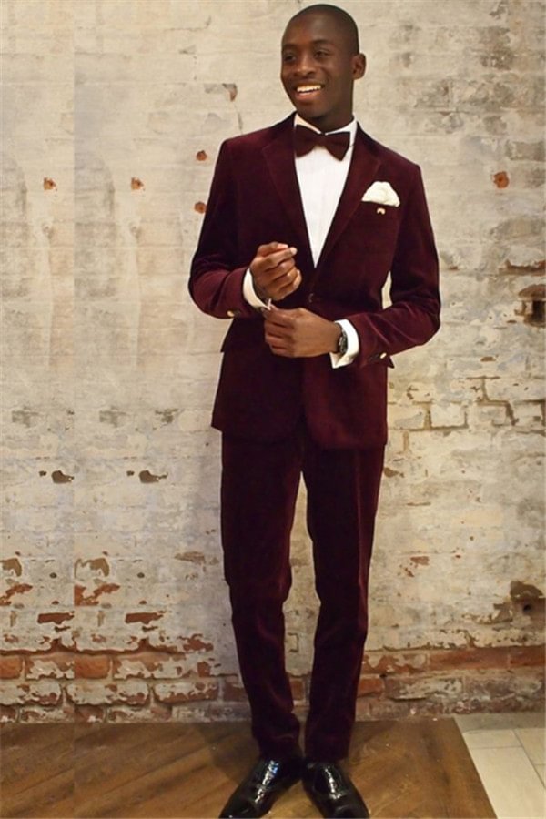 Party Bespoke Newest Wine Red Prom Suit For Guys Velvet With Notched Lapel | Ballbellas Ballbellas