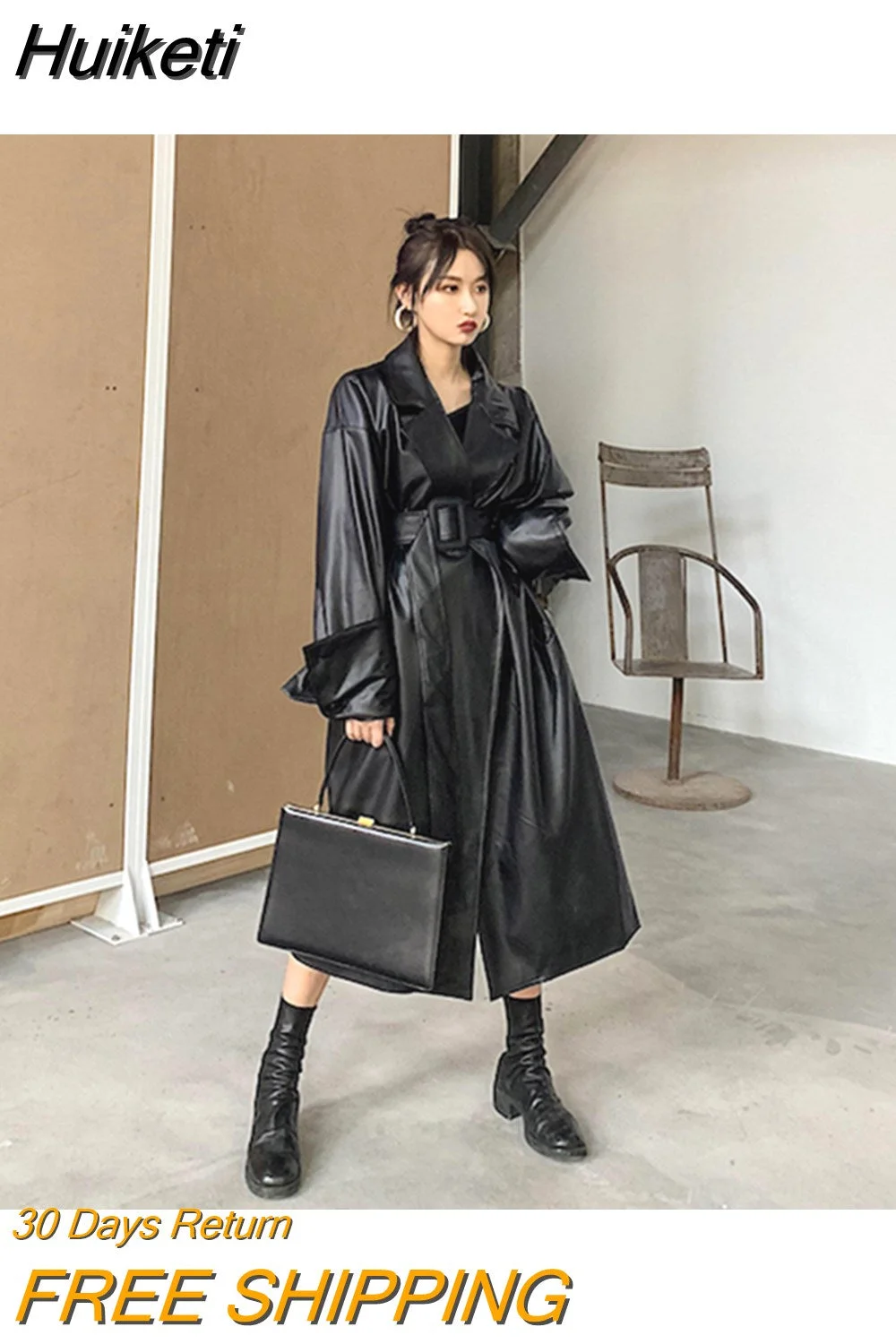 Huiketi Long oversized leather trench coat for women long sleeve lapel loose fit Fall Stylish black women clothing streetwear
