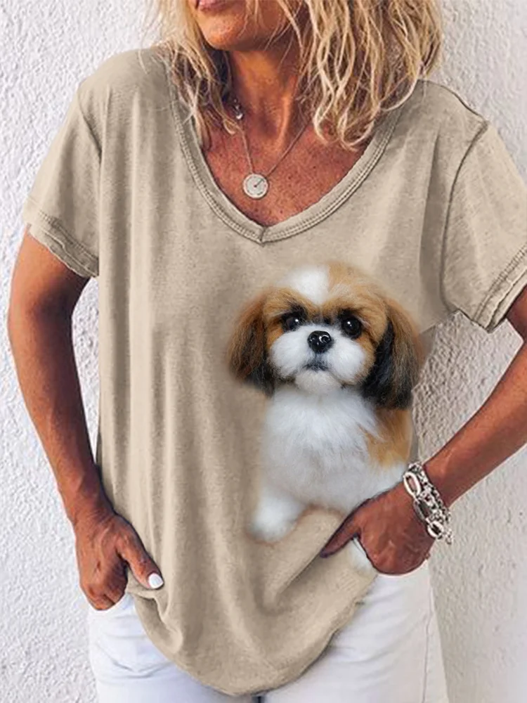 Fuzzy Shih Tzu Dog Felt V Neck T Shirt