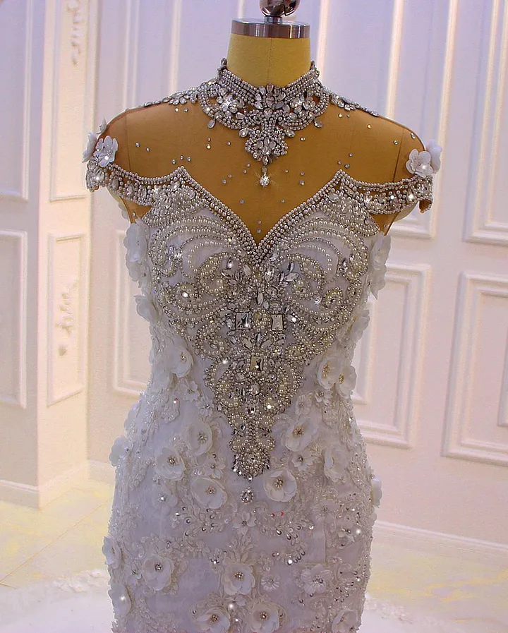 High Neck Crystal Tulle Floor-length Mermaid Wedding Dress With Appliques  Lace
