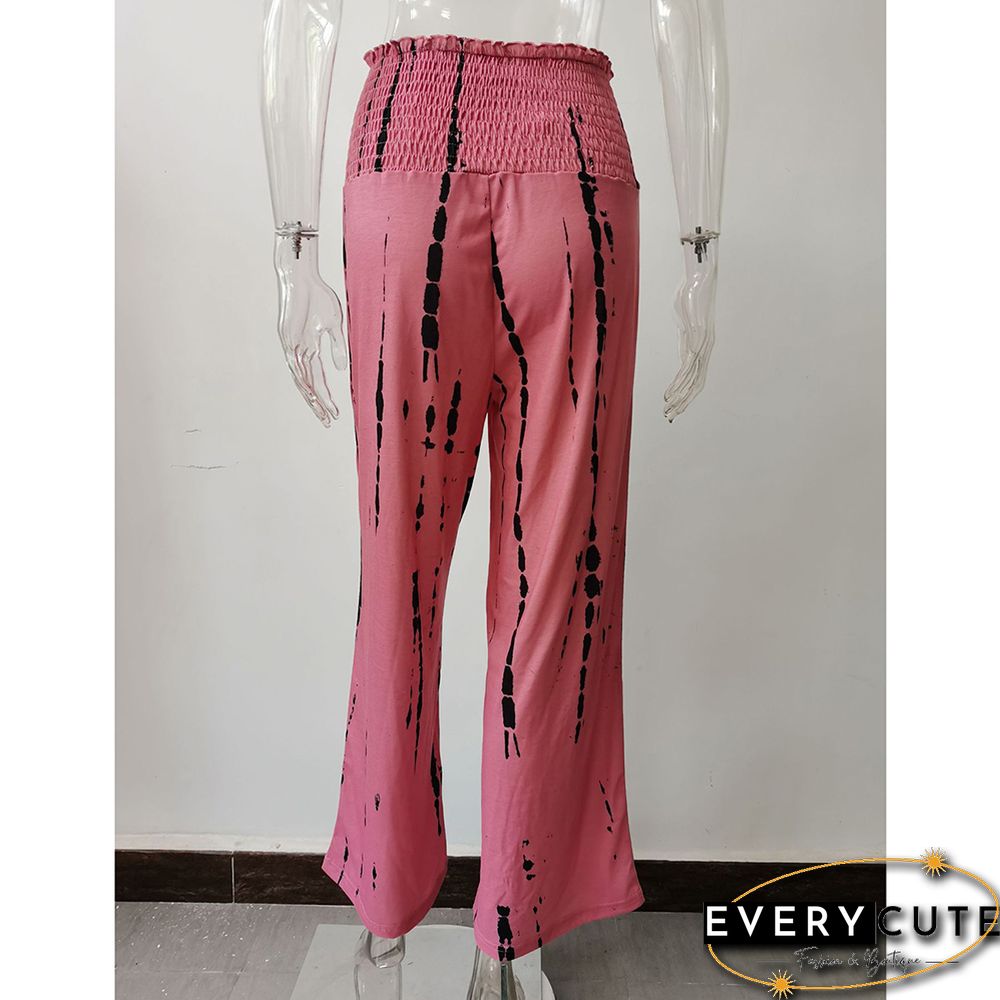 Pink Printed Pocketed High Waist Wide Leg Pants