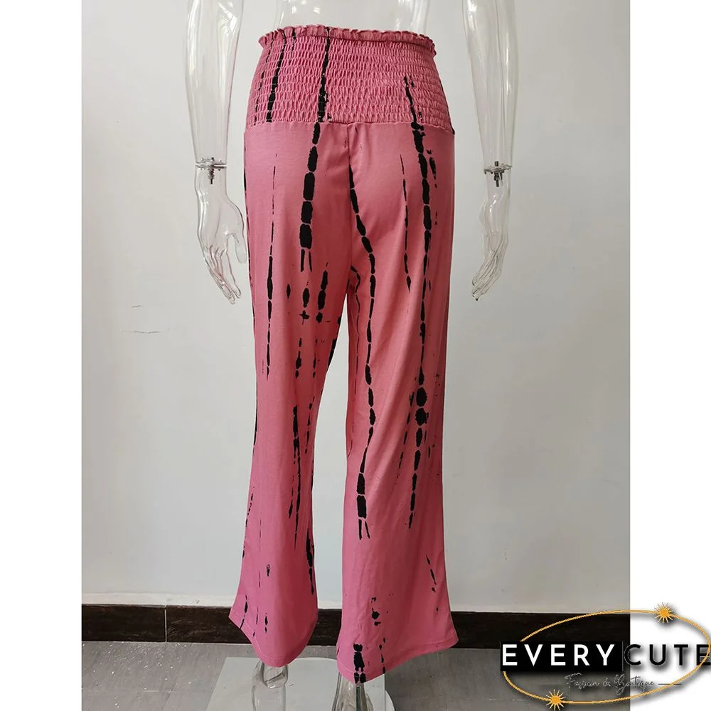 Pink Printed Pocketed High Waist Wide Leg Pants