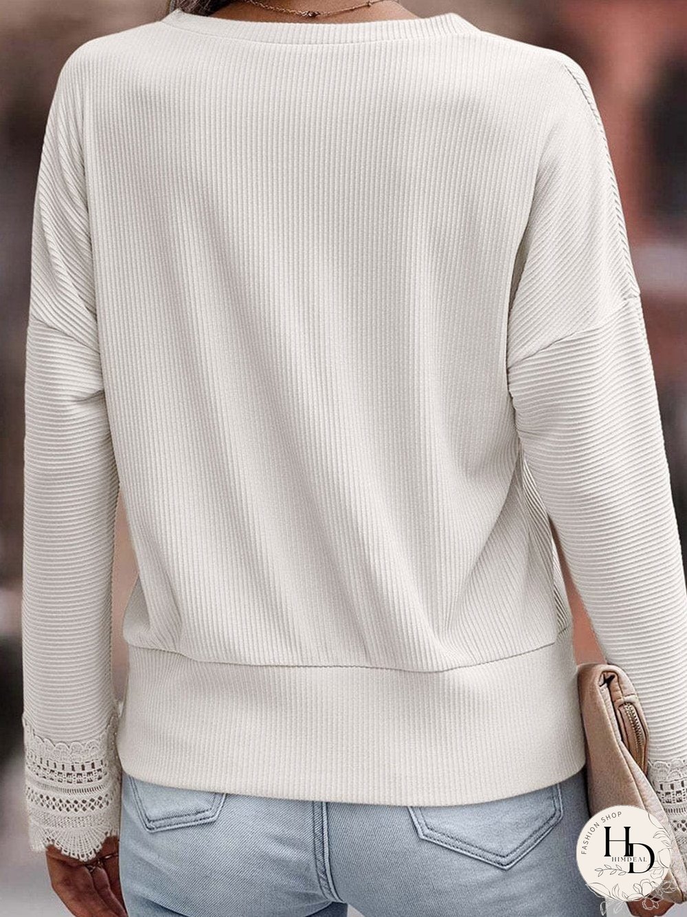 Elegant White V Neck Lace Detail Ribbed Top with Long Sleeves