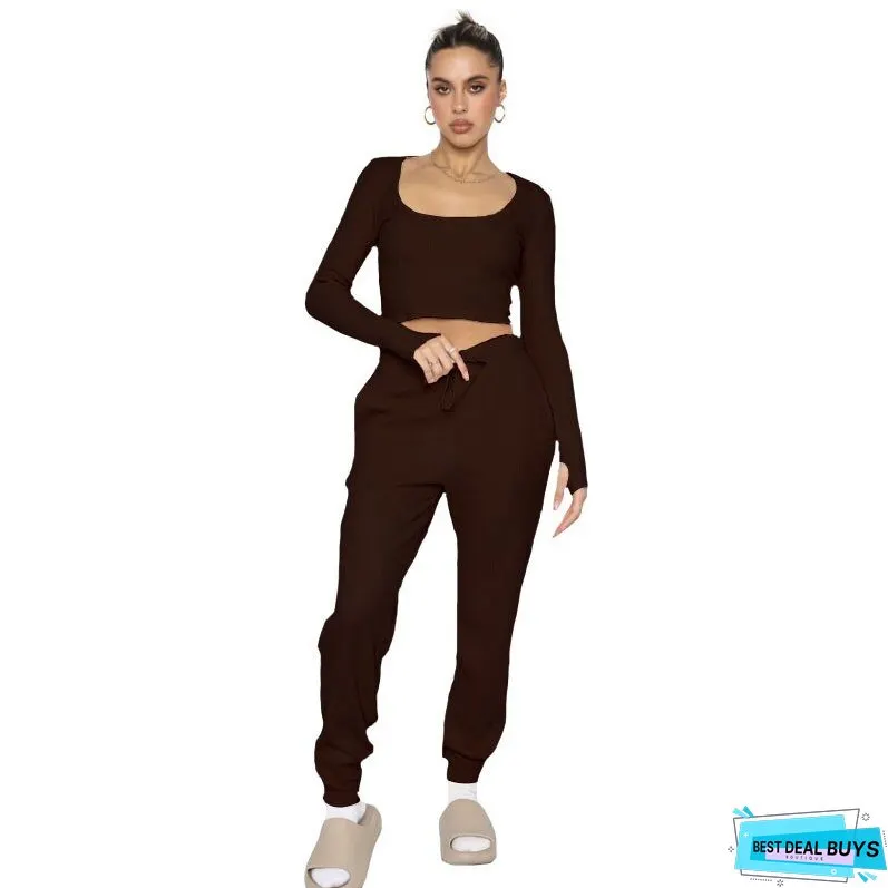 Waffle Solid Necks Long Sleeve Pants Sets Women Cropped Tops High Waist Trouser Pieces