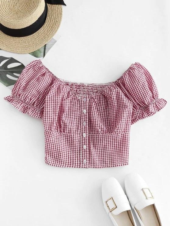 Gingham Smocked Button Up Ruffle Crop Blouse