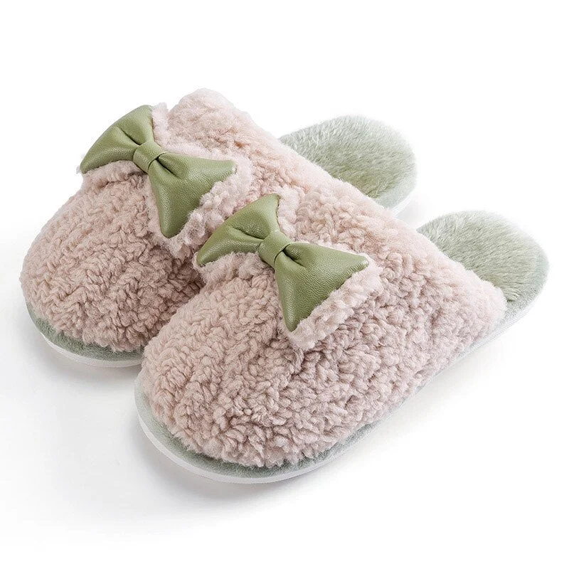 Winter Woman Cute Slippers Warm Plush Bowknot Ladies Flat Shoes Women's Home Indoor Slippers Female House Shoes Girl Slippers