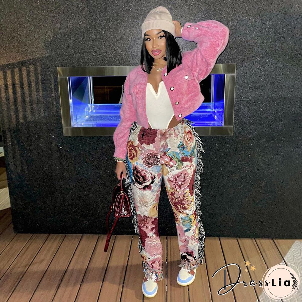 Side Tassels Patchwork Elastic Waist Women Print Jogger Pant