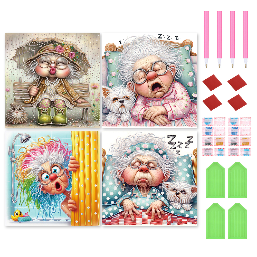 4pcs Old Lady 30*30cm(canvas) special shaped drill diamond painting