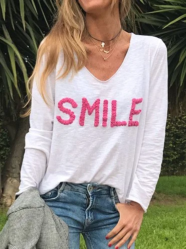 Long Sleeve Cotton-Blend V Neck T-Shirts