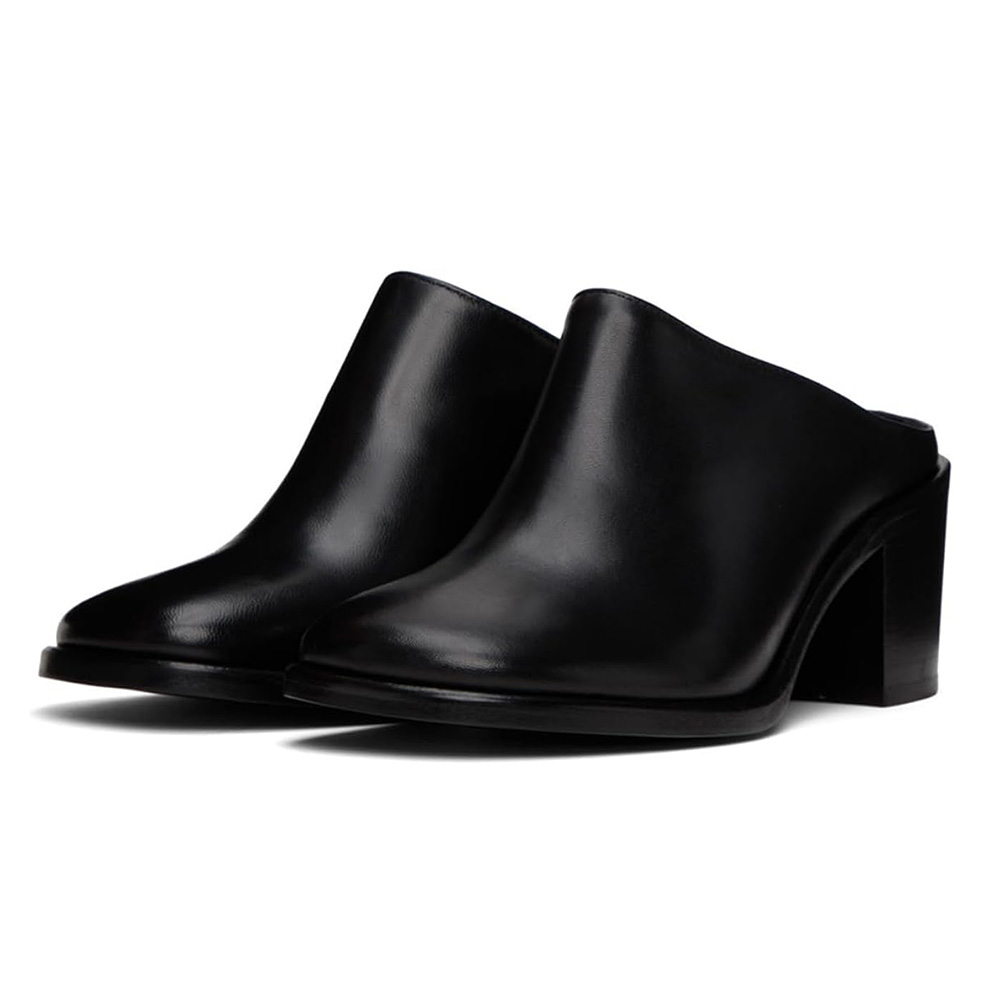 Vegan Leather Almond Toe Slip-On Classic Block Heel Black Mules