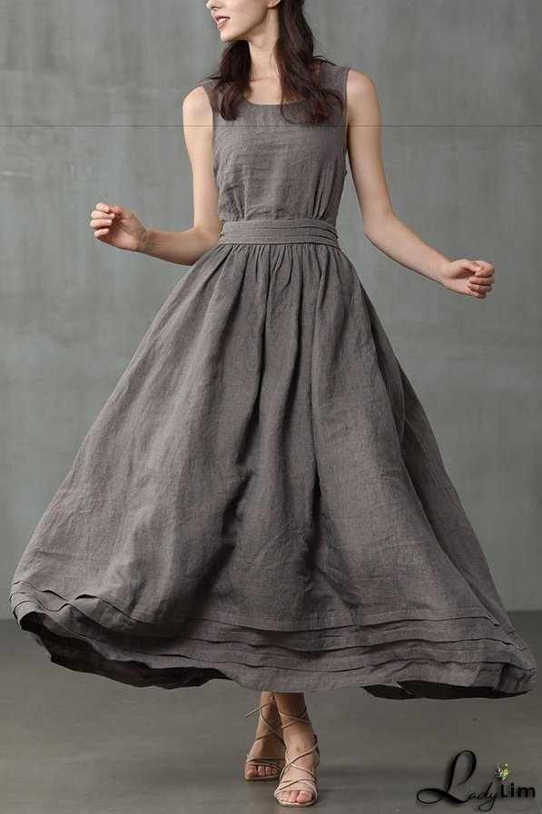 Cross Back O Neck Maxi Linen Dress