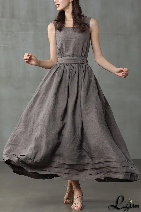 Cross Back O Neck Maxi Linen Dress