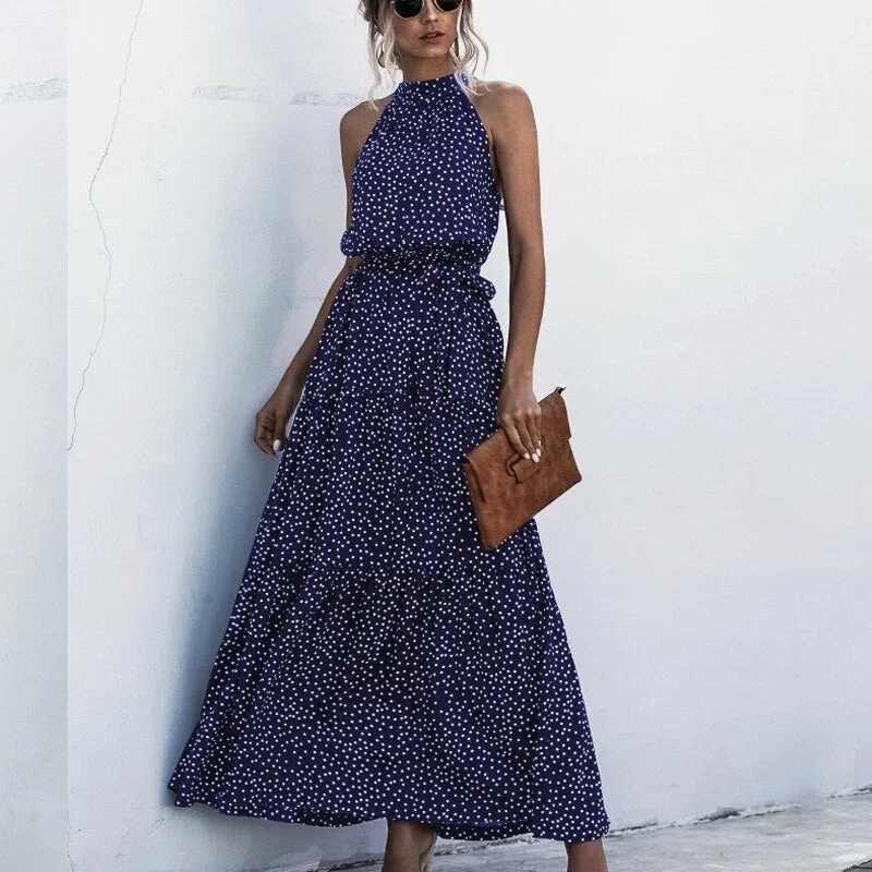 2021 Summer New Elegant Sexy beach long Dress Women Fashion Print Flowers Polka-dot Ladies Halter boho dress women vestidos