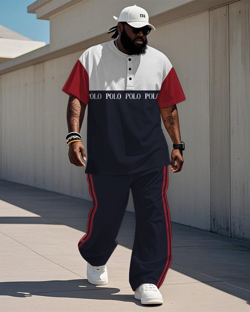 Men's Plus Size Blue And Red Color-block Alphabet Print Henry Collar T-shirt Trousers Suit