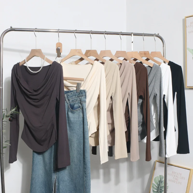 Uveng Real Shooting 褶皱 Irregular Swing Long Sleeve T-Shirt Women's Autumn/Winter New Dressed T-Shirt With A Top 1265