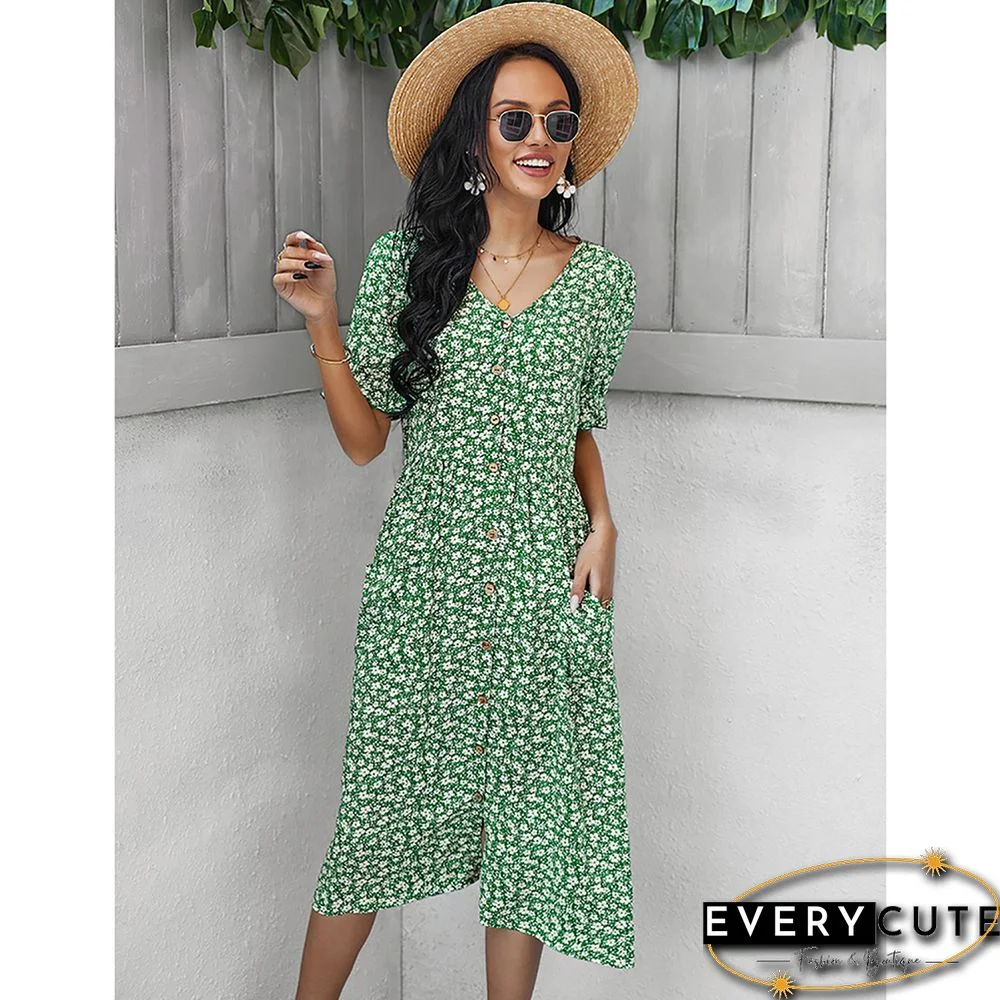 Green Button Down V Neck Pocketed Floral Dress