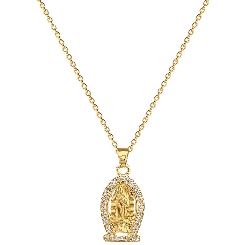 Classic Style Human Geometric Our Lady Of Guadalupe Titanium Steel Copper Zircon Gold Plated Inlay Pendant Necklace