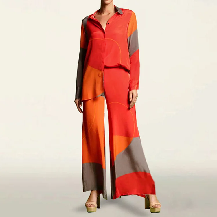 Trendy Color Contrast Print Shirt Two-Piece Set