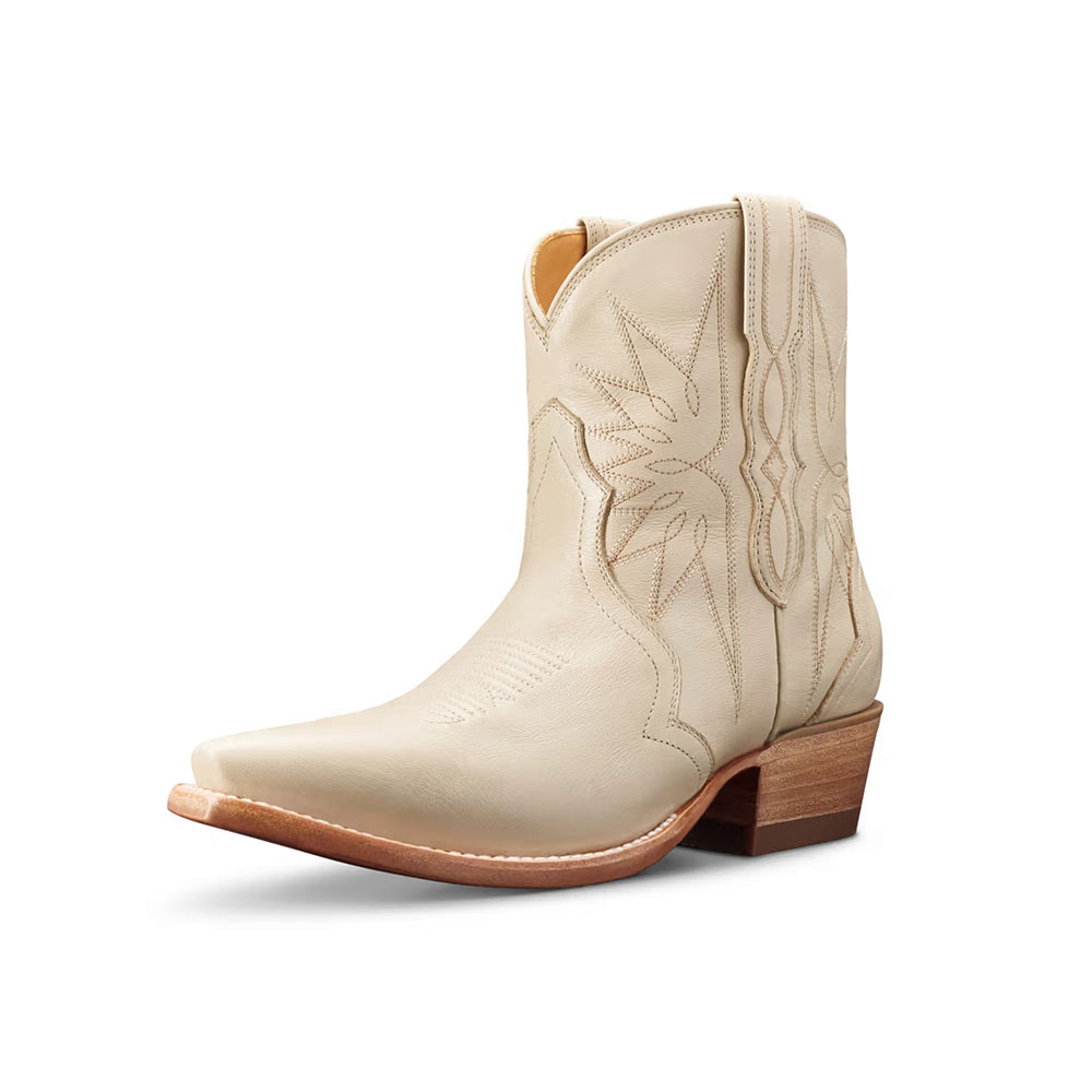 Beige Block Heel Embroidered Wing Short Snip Toe Cowgirl Boots Nicepairs