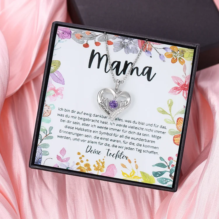 Personalisierte 1 Name & Geburtsstein "MOM" Herz Halskette-Geschenk mit Nachrichtenkarte