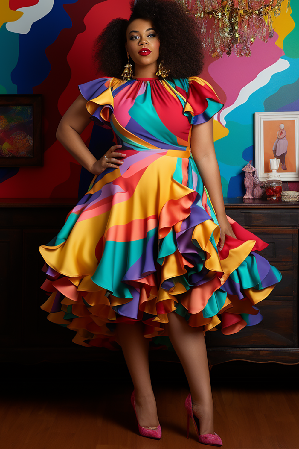 Design Plus Size Party Vintage Multicolor Colorblock Round Neck Petal Sleeve Short Sleeve Ruffle Satin Midi Dresses [Pre-Order]
