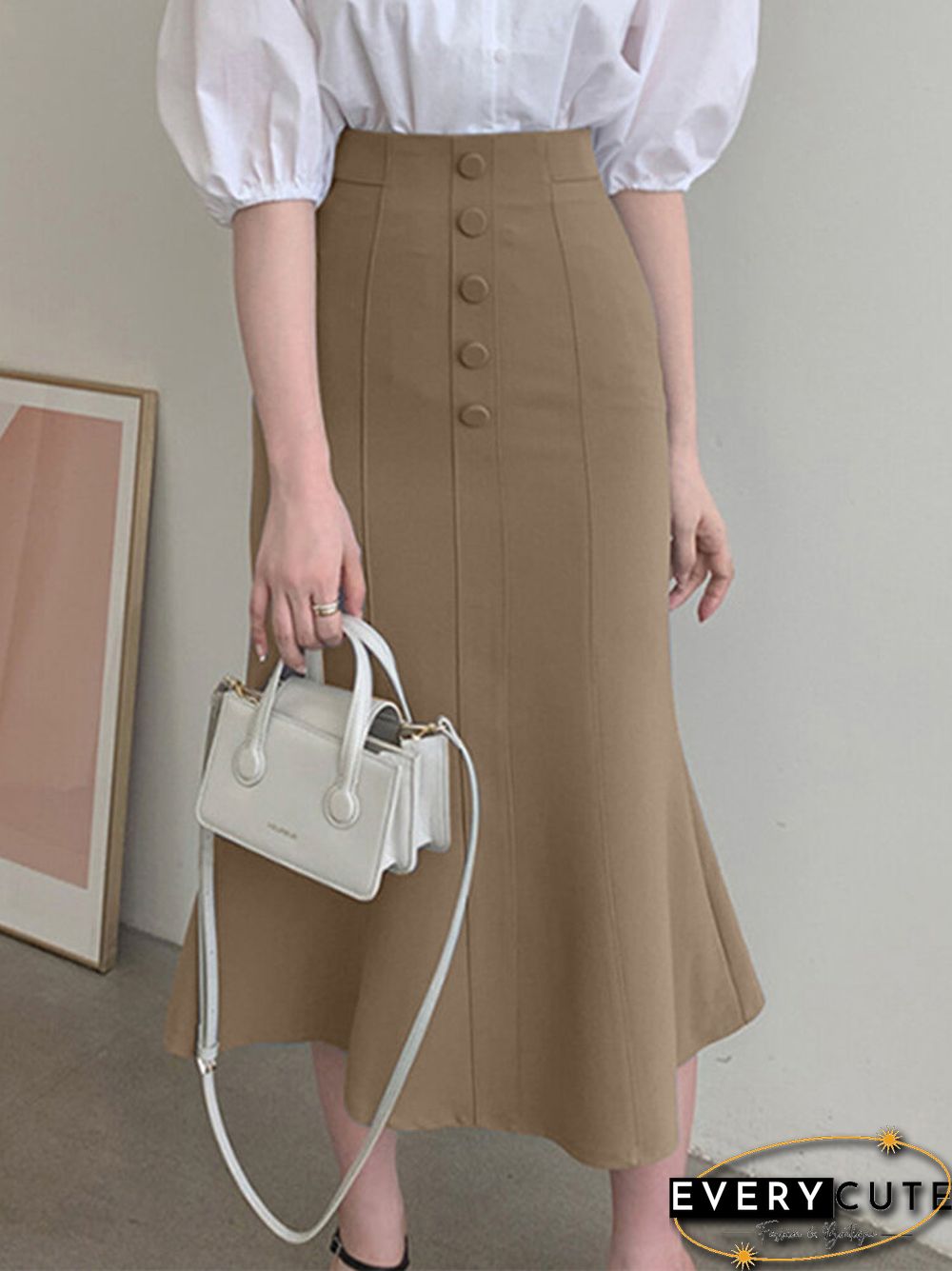 Women High Waist Solid Button Front Mermaid Skirt