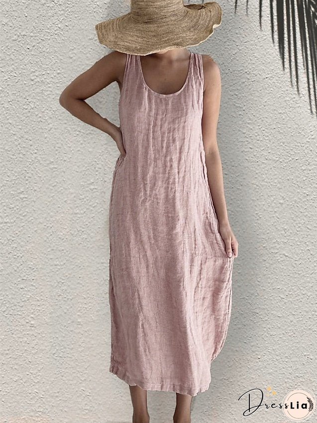 Casual Dress Cotton Linen Dress Tank Dress Midi Dress Linen / Cotton Blend Basic Casual Outdoor Daily Vacation U Neck Basic Sleeveless Summer Spring Regular Fit Black White Pink Plain S for Women