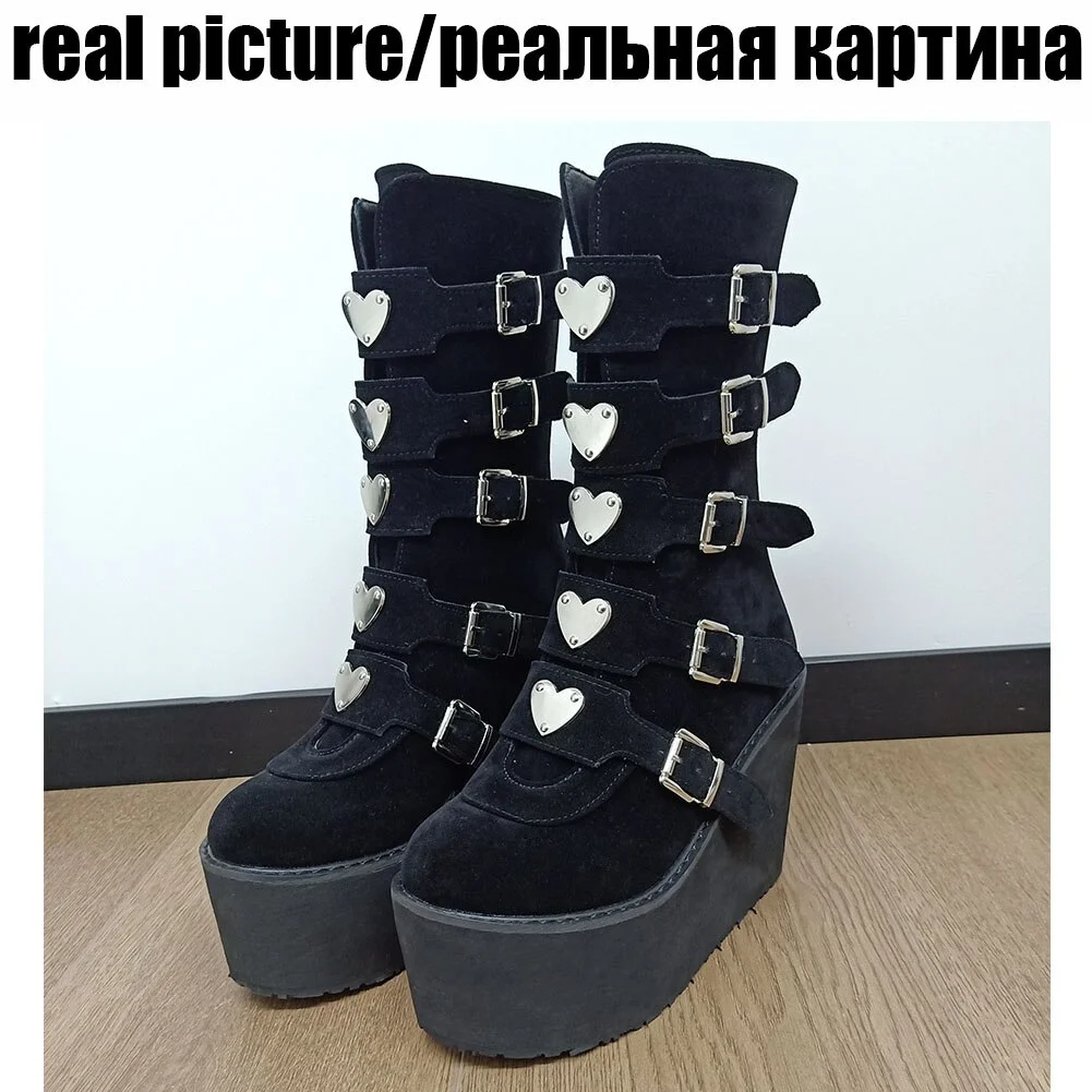 Yyvonne Autumn New Gothic Punk Shoes Platform Wedges High Heels Heart Mid Calf Women Boots Fashion Street Black Cosplay Shoes