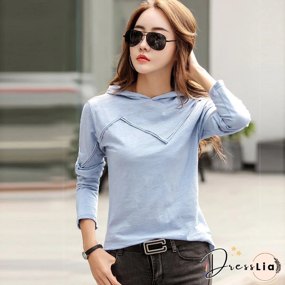Long Sleeve Hooded T-shirt Bamboo Cotton Autumn Winter Tops New T Shirt Women Casual Patchwork Tee Shirt Femme White Black