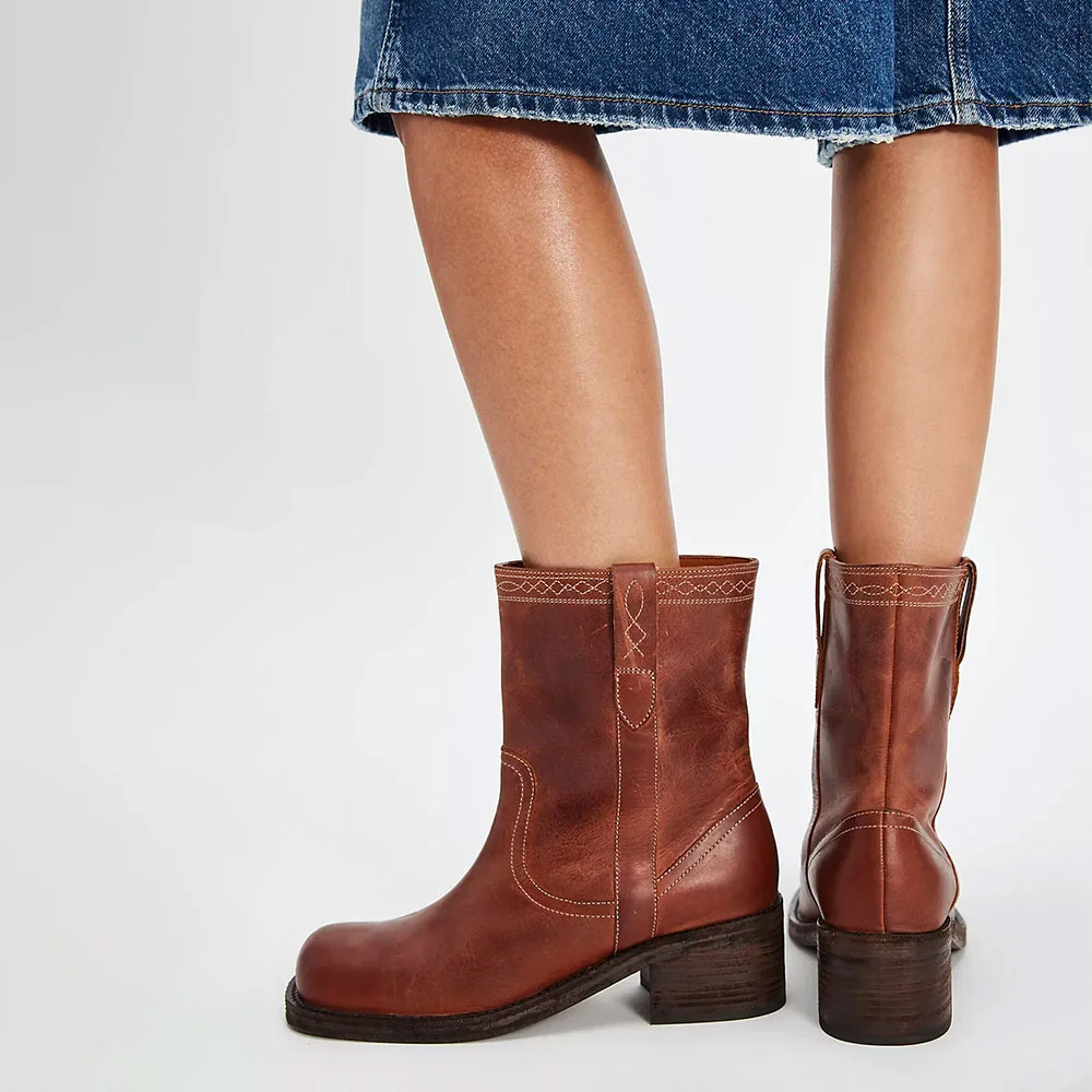 Retro Tan Mid Block Heel Pull On Ankle Square Toe Boots Women