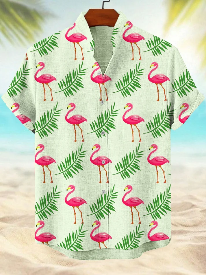 Men's Vacation Flamingo Plant Art Print Casual Shirt