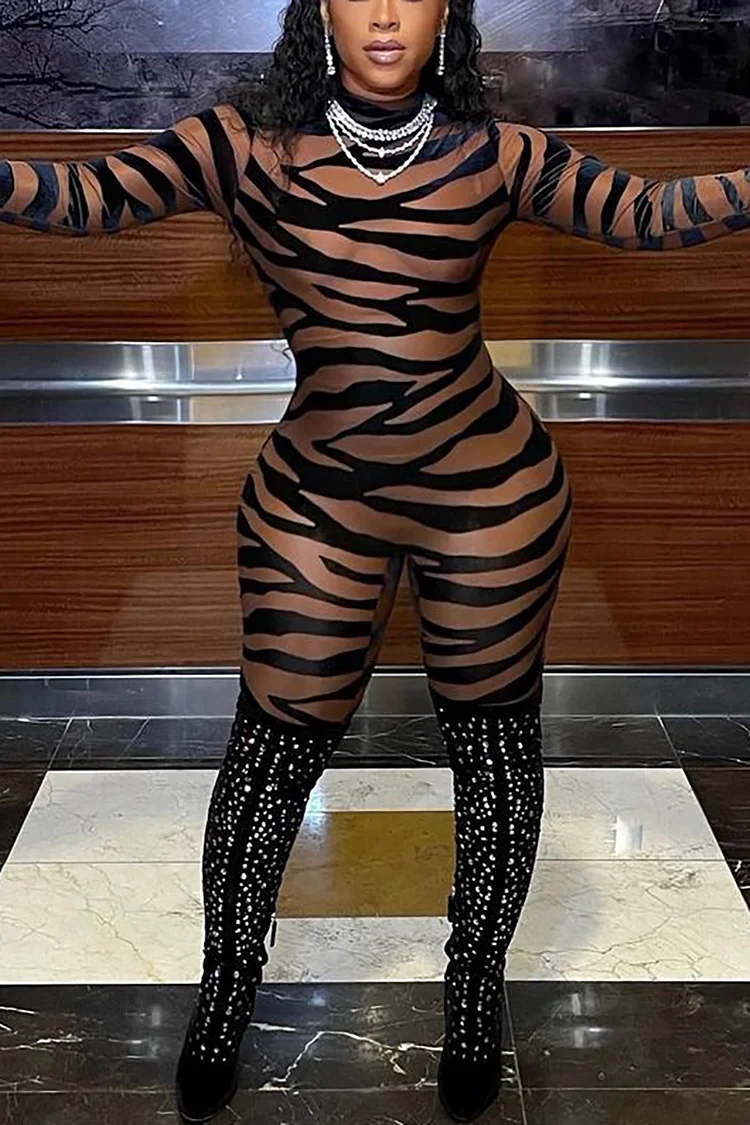 Xpluswear Plus Size Party See-Through Long Sleeve Zebra Stripe Print Jumpsuits