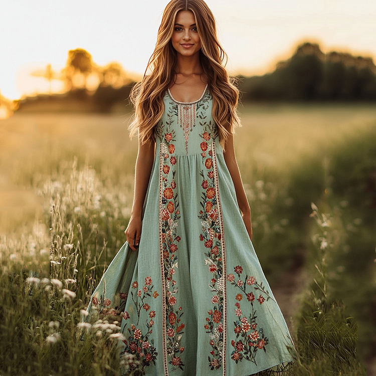 Simpfit Bequemes Trägerkleid aus Nachahmung aus Baumwolle und Leinen im Bohemian-Stil mit Blumenmuster
