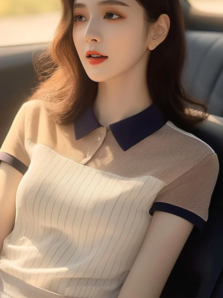 Athvotar Athvotar Chic And Beautiful Striped POLO Collar Short-Sleeved Shirt Women's Summer Unique Design Sense Of The Top