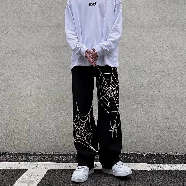 Spider Web Embroidery Baggy Men Hip Hop Jeans Pants