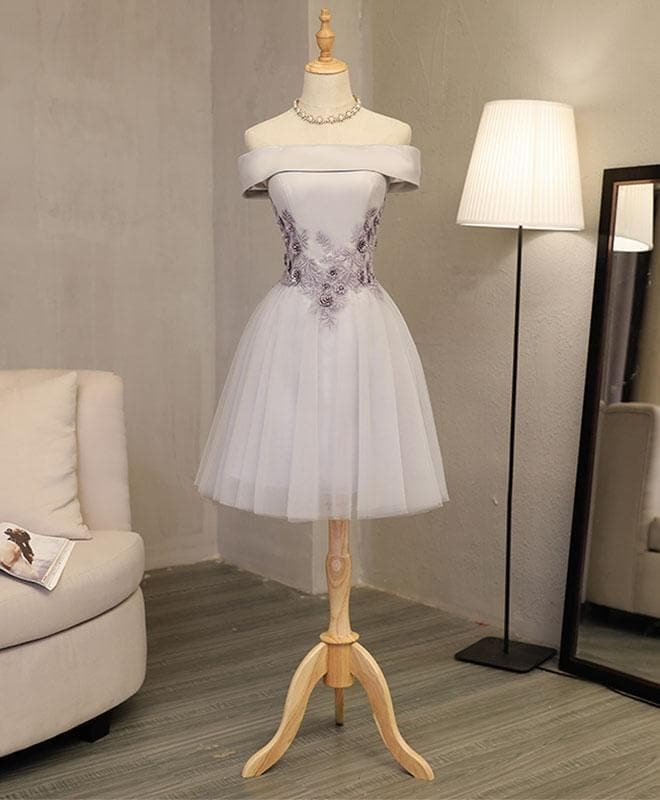 Gray A Line Off Shoulder Knee Length Prom Dress, Lace Evening Dress
