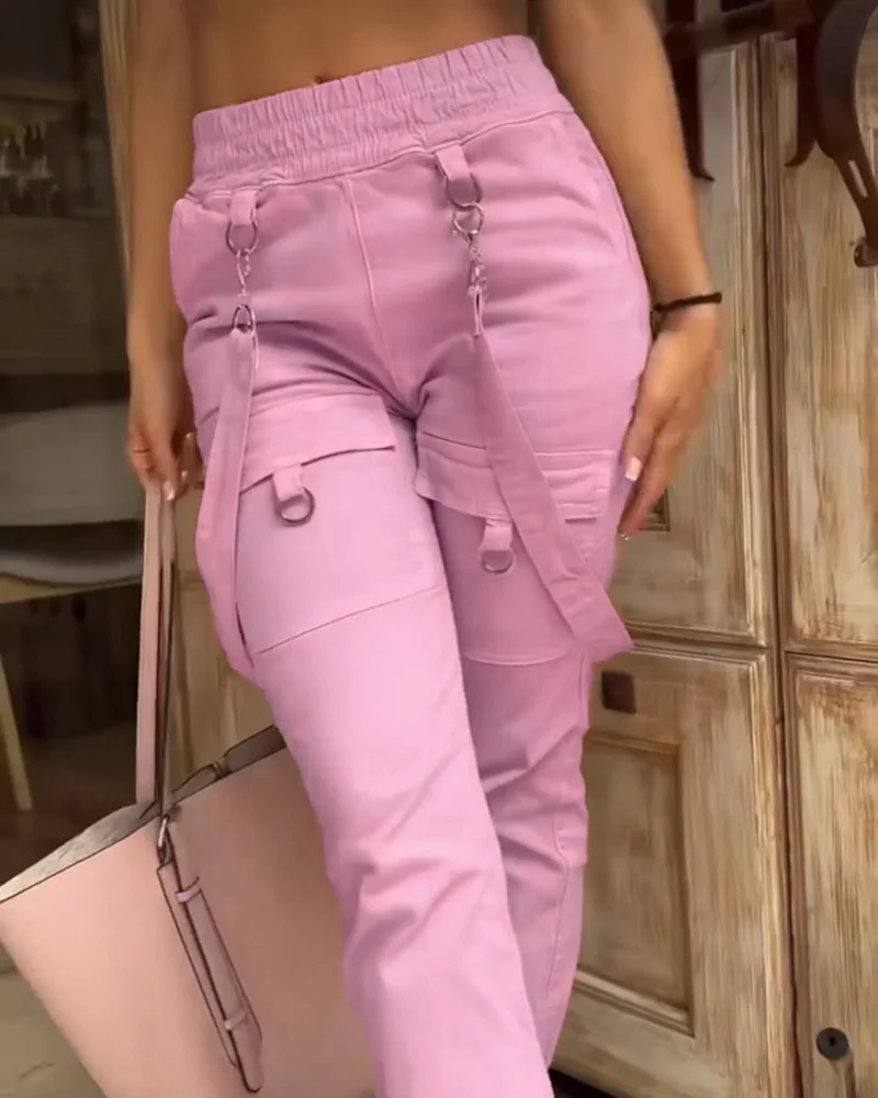 Mongw Mongw Women's High Street Ins Hip Hop Multi-Pocket Slim Casual Little Foot Overalls