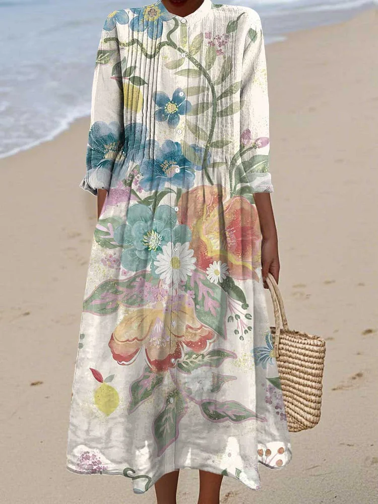 Women's Vintage Watercolour Art Flower Print Dress