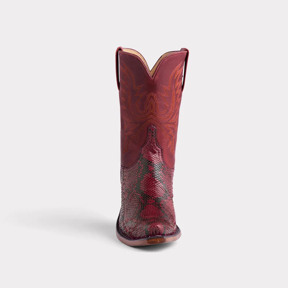 Burgundy Snip Toe Python Embossed Stitching Western Mid-Calf Boots