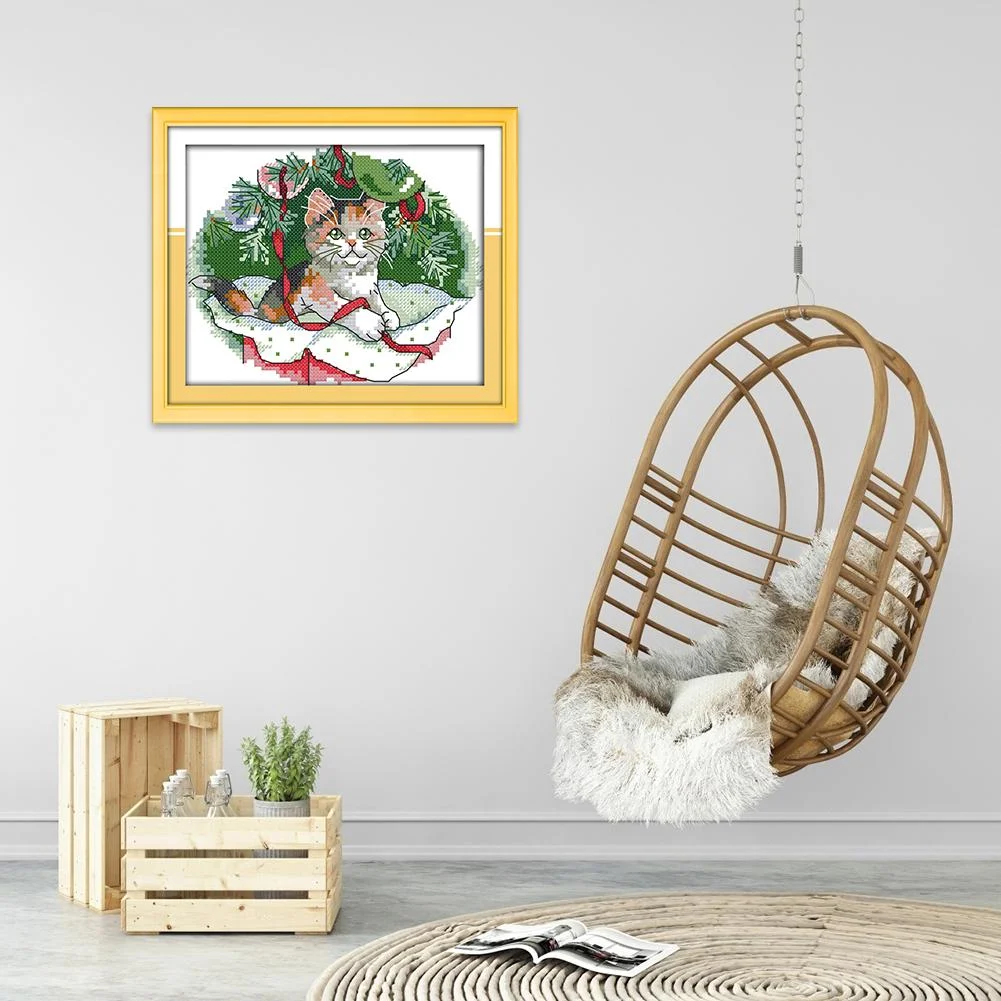 14ct Stamped Cross Stitch - Christmas Cat (20*17cm)