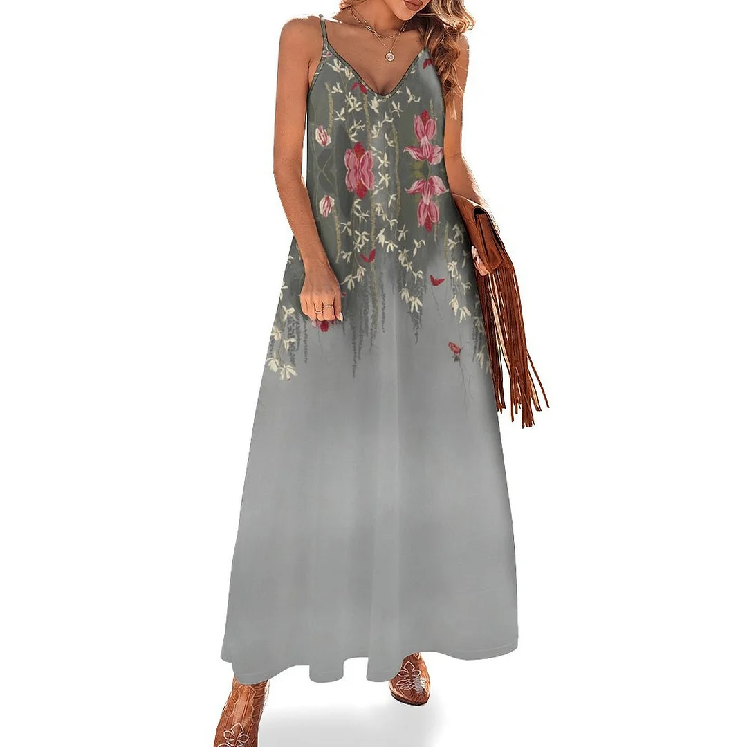 Style & Comfort for Mature Women Plus Size Printed Sling Casual Women Maxi Dress in Pattern Floral, Gray, Red
