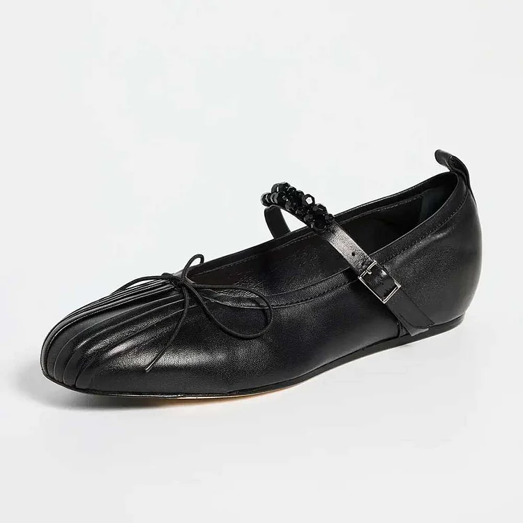 Black Bow Pleated Round Toe Ballet Flats with Beaded Buckle Strap |FSJ Shoes