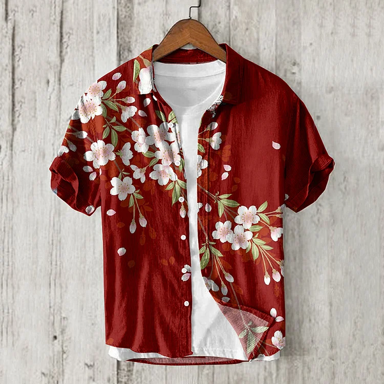Vintage Cherry Blossom Japanese Art Linen Blend Shirt
