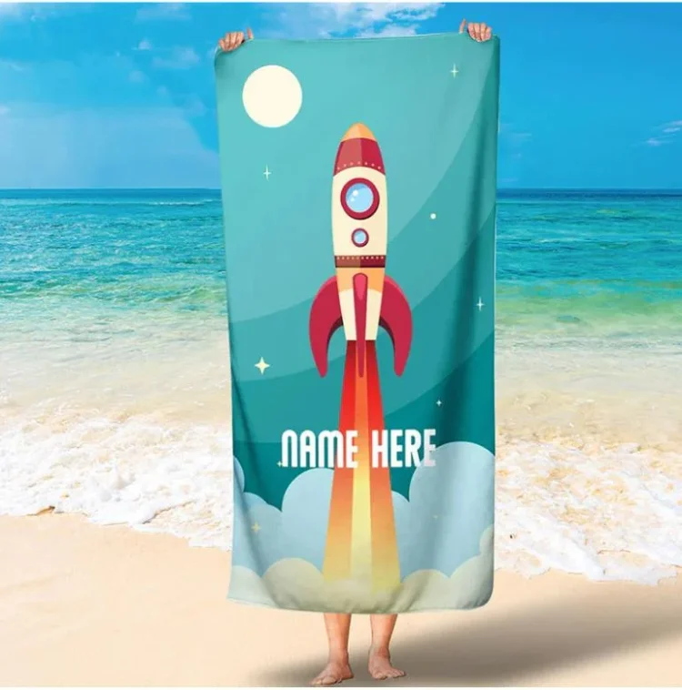 Personalized Beach Towel Customized 1 Name Rocket Ship Bath Towel Blanket Summer Gift for Family/Friends