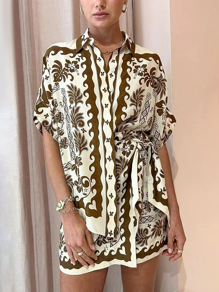 Roll Up Sleeve Plants Print Skirts Set