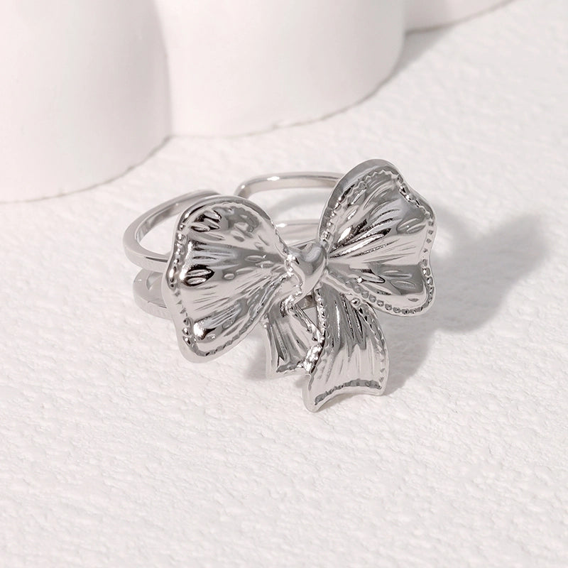 Cute Sweet Minimalist Bow Knot 304 Stainless Steel 18K Gold Plated Open Rings