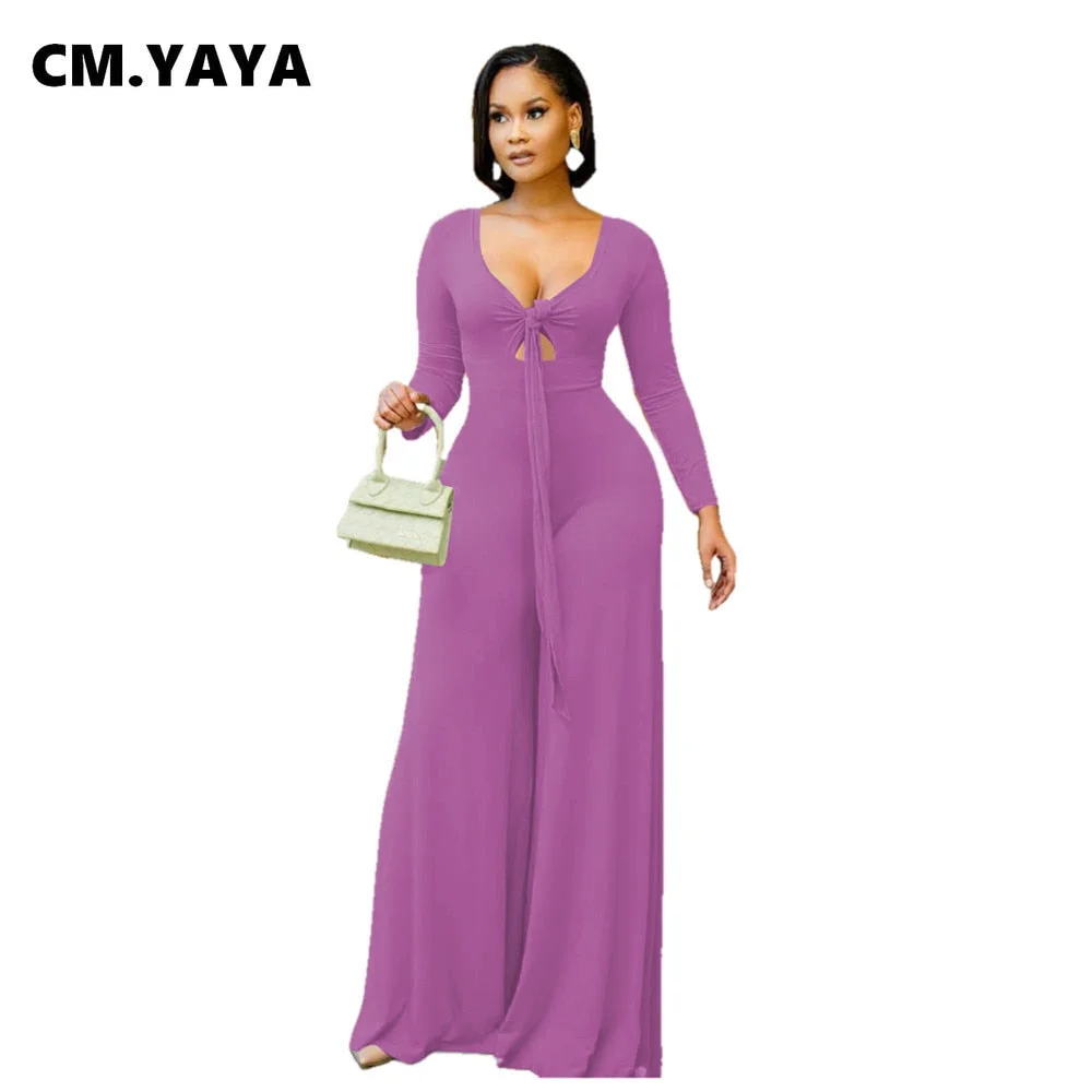 CM.YAYA Women Jumpsuits Solid Full Sleeve V-neck Bandage Hollow Out Stretchy Wide Leg Jumpsuits Fashion One Piece Overalls Fall