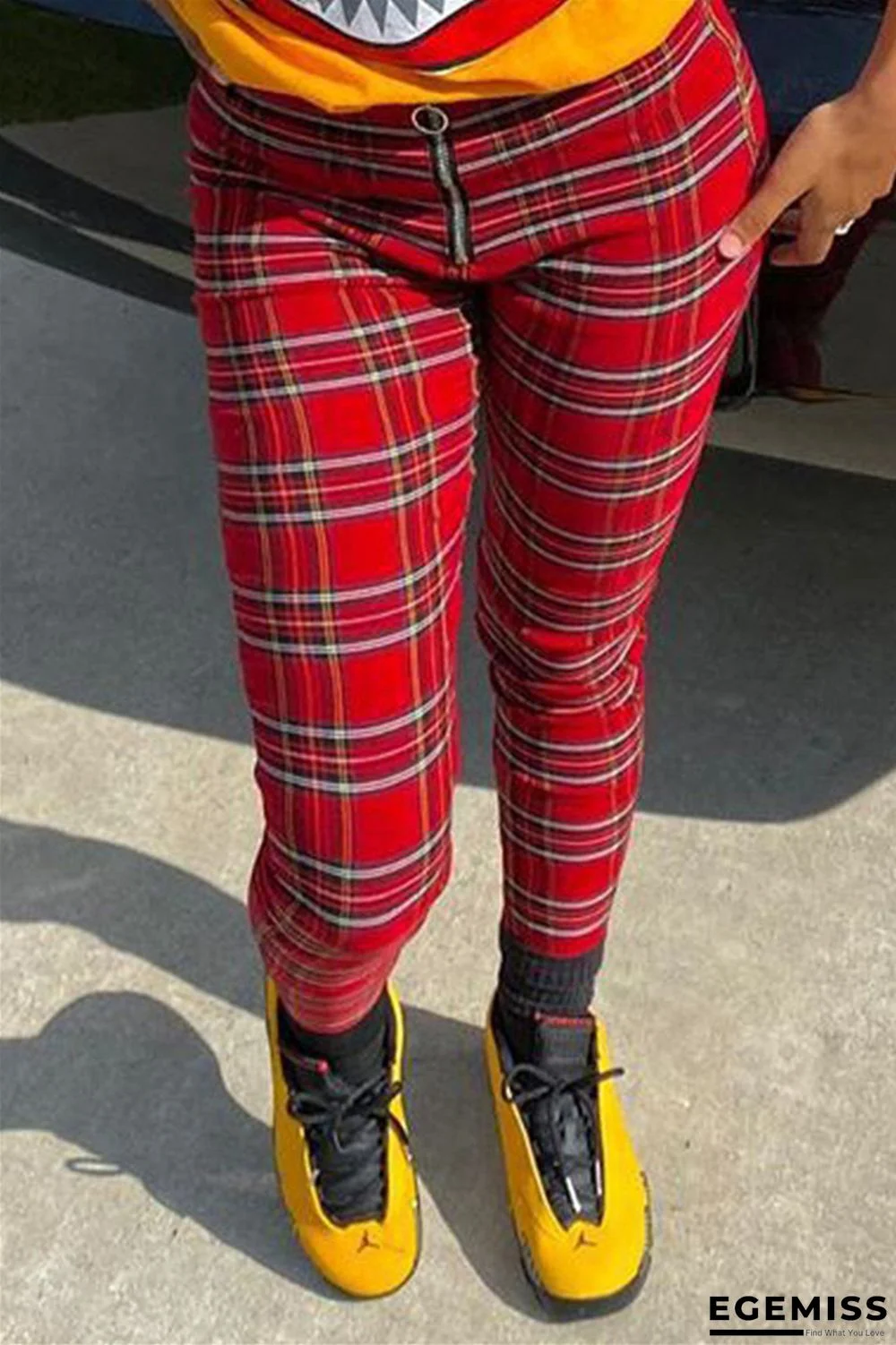 Red Zipper Fly Mid Plaid Straight Pants Bottoms | EGEMISS